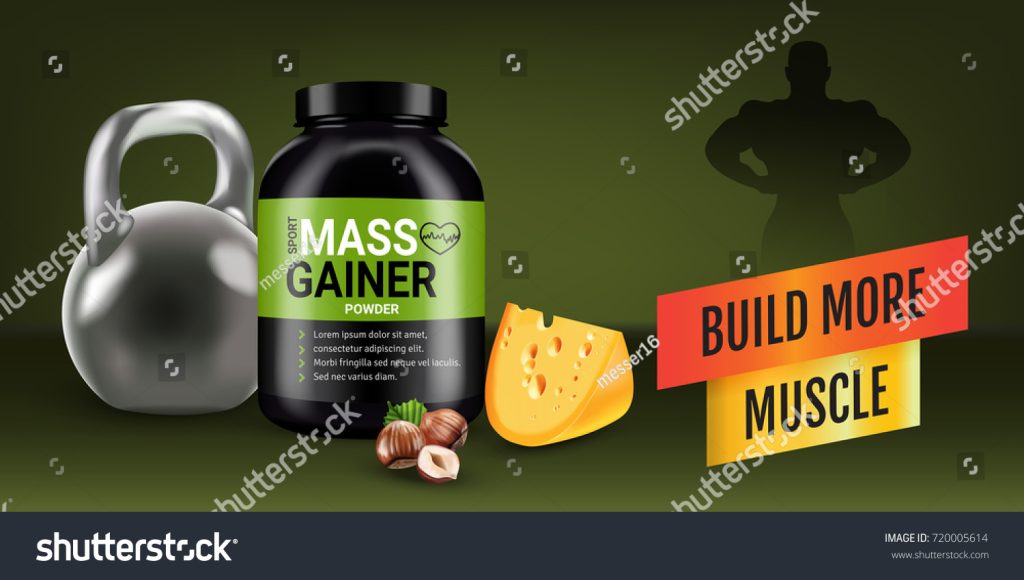 Stock Vector Mass Gainer Ads Vector Realistic Illustration Of Cans With Mass Gainer Powder With Flavored Nuts 720005614 1024x580